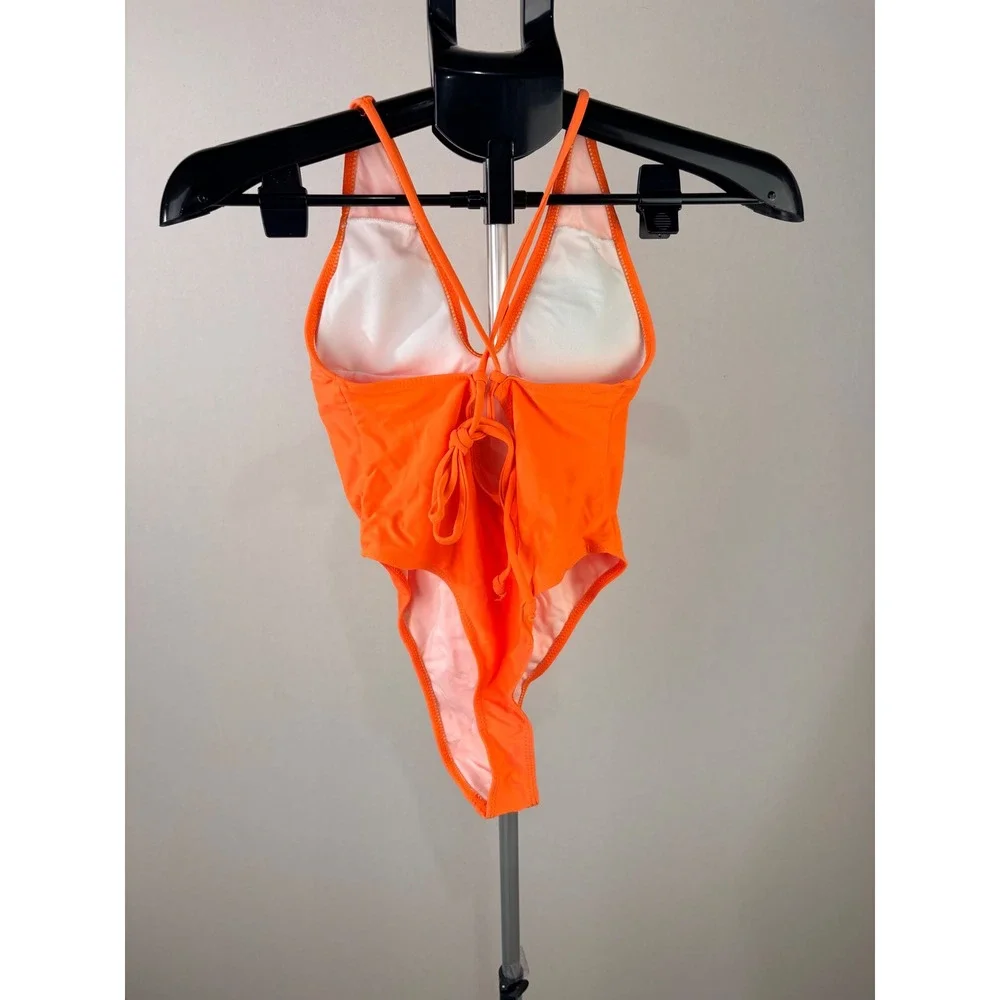 Neon Orange High Cut‎ Plunge One Piece Swimsuit Lace Up Back Medium